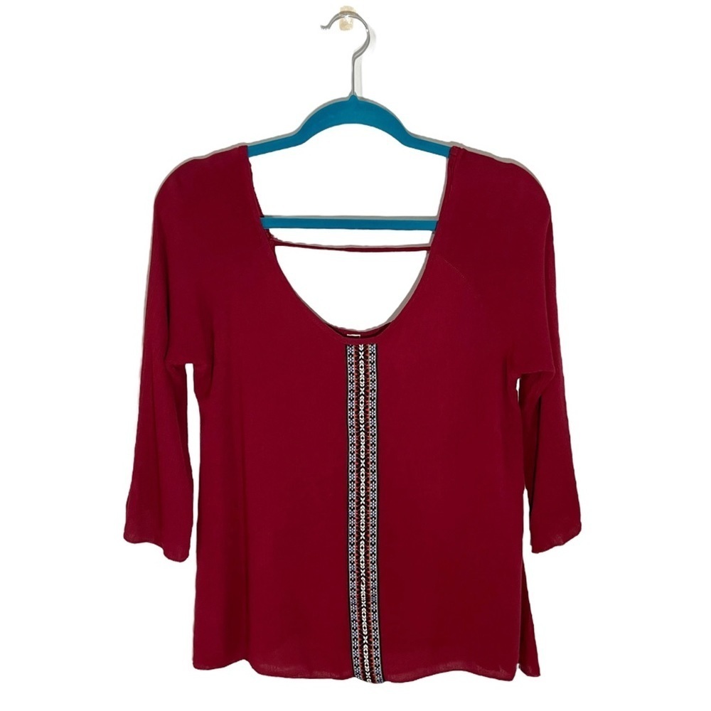 Bella D Maroon Scoop Neck 3/4 Length Flared sleeve Blouse
